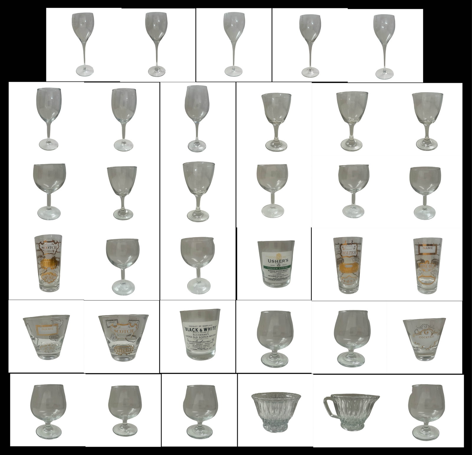 35 Piece Vintage Mid Century Modern Clear Glass Stemware and Promotional Scotch Bourbon Cocktail: An exceptionally comprehensive and visually cohesive 35-piece vintage mid-century modern clear glass stemware and promotional barware collection, representing the golden era of home entertaining and c