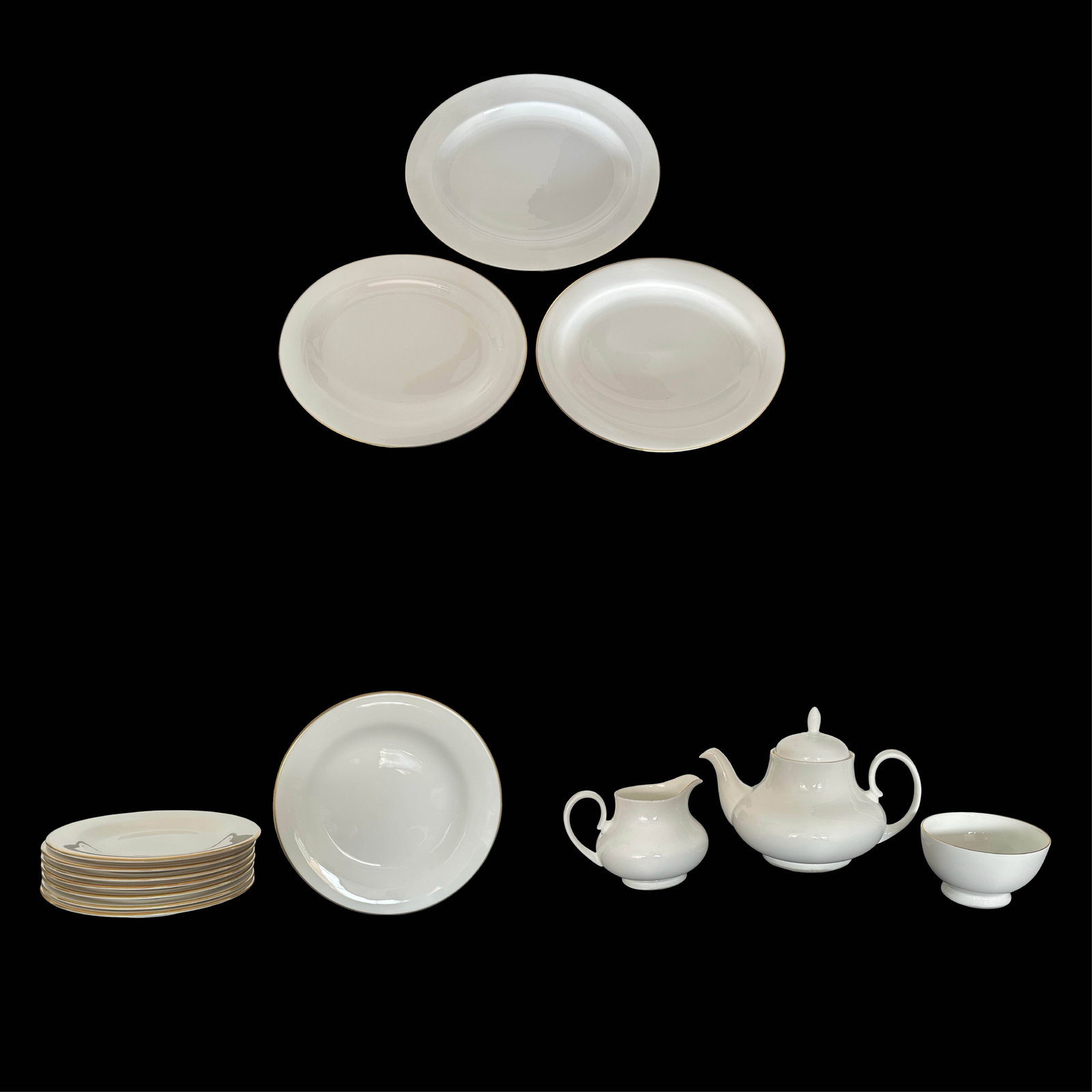 Royal Grafton ?Inspiration? & Royal Kent Bone China, Mid-Century England - Coordinated White & Gold: This grouping combines two complementary mid-20th-century English bone china lines in a clean white glaze with elegant gilt edges, creating a timeless, mix-and-match service that reads as one refined 
