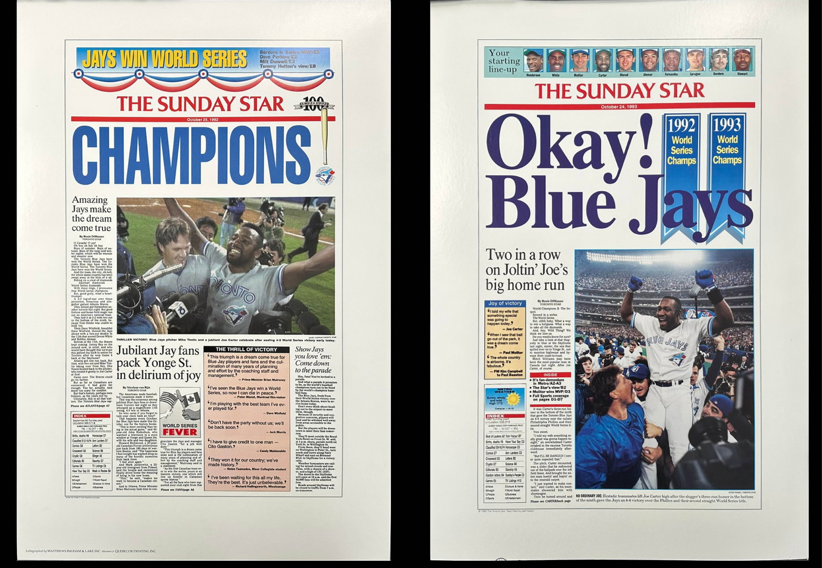 Pair of Toronto Blue Jays World Series Championship Reproduction Poster Prints - 1992 and 1993: This striking pair of large-format Toronto Blue Jays World Series championship reproduction poster prints (each 34" x 23") faithfully reproduces two of the most iconic front pages in Canadian sports