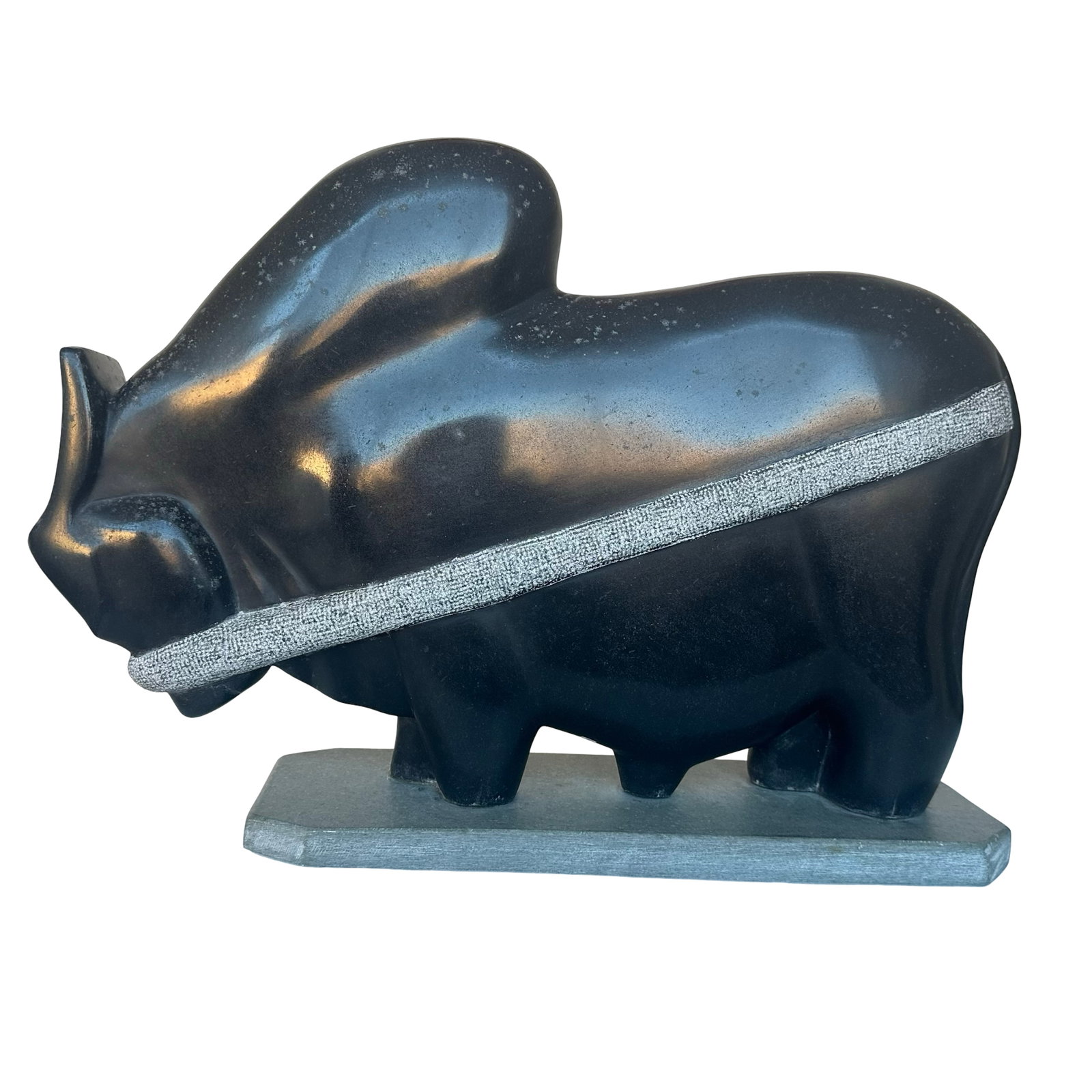 1970s Native American Southwest Soapstone Bison Sculpture - Polished Black Soapstone with: An exceptional 1970s Native American Southwest bison sculpture of commanding presence, hand carved from richly polished dark charcoal-black soapstone and mounted on a custom-shaped gray stone plinth. 