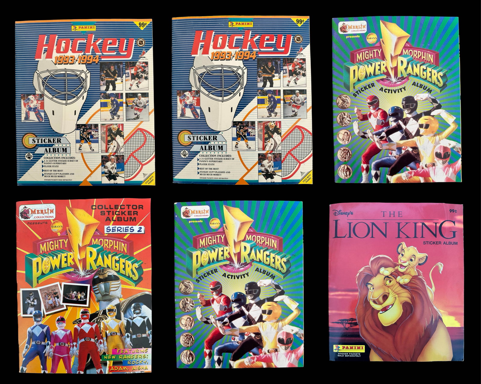 1990s Vintage Sticker Album Collection - 6 Panini & Merlin - Mighty Morphin Power Rangers Series 1 &: A highly appealing six-album collection of original 1990s Panini and Merlin sticker albums, uniting three defining areas of period popular culture - Mighty Morphin Power Rangers, Disney's The Lion