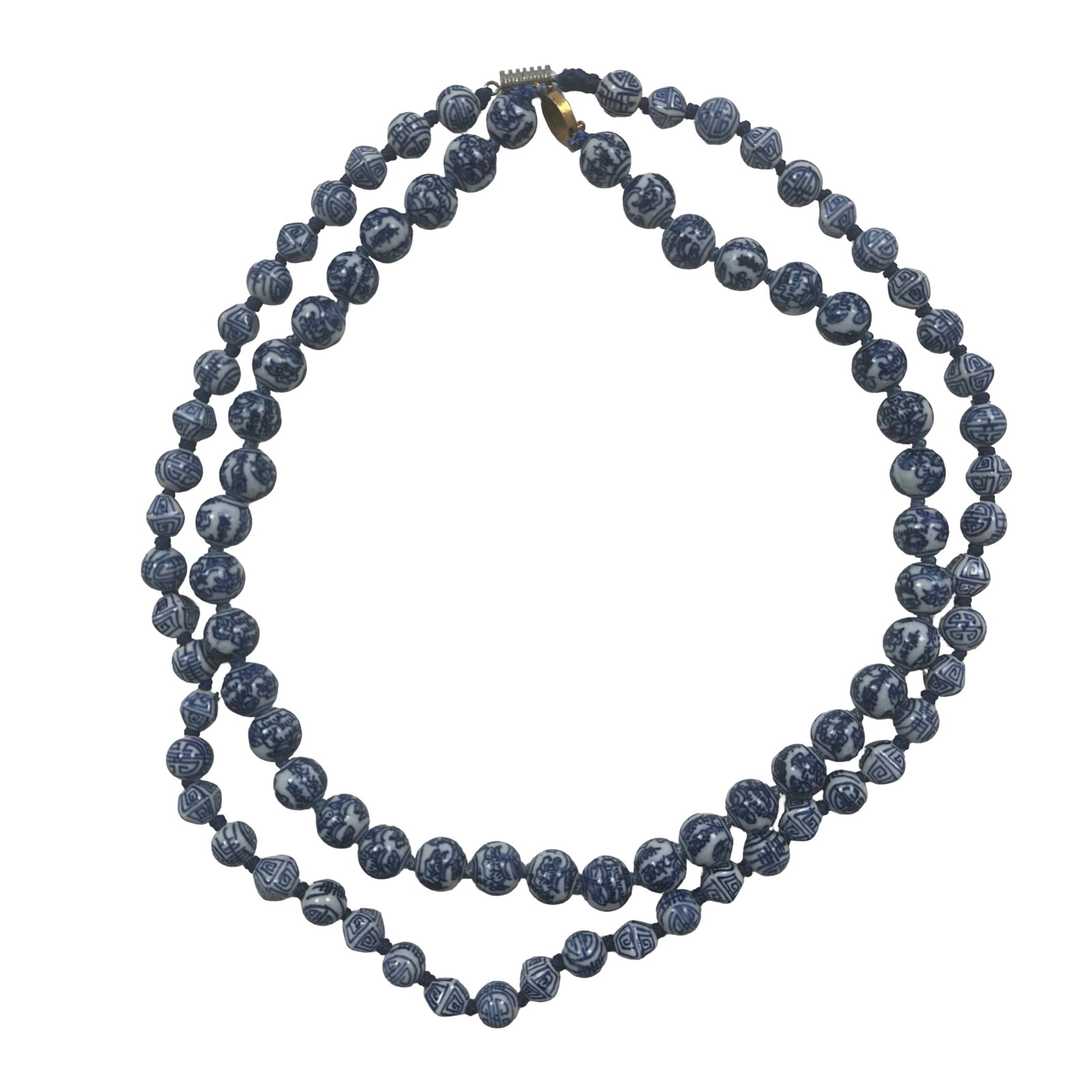 Pair of Hand Painted Chinese Blue and White Porcelain Bead Necklaces - Figural Dragon Motif and: Presented here is an exceptionally elegant and visually striking pair of hand strung Chinese blue and white porcelain bead necklaces, each composed of individually hand painted ceramic beads