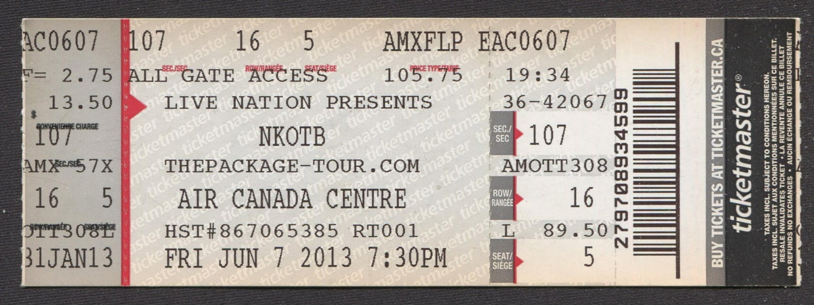 New Kids on the Block Unused Concert Ticket Stub: An unused New Kids on the Block concert ticket stub from Friday, June 7, 2013 at Air Canada Centre in Toronto, Ontario. Ticket is Section 107, Row 16, Seat 5 and in great condition, with very light di