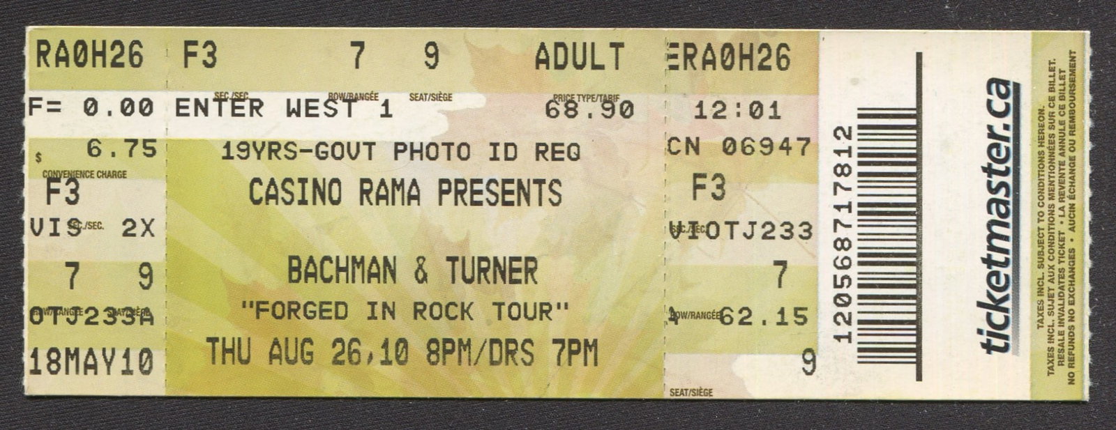 Bachman & Turner Unused Concert Ticket Stub: An unused Bachman & Turner concert ticket stub from Thursday, August 26, 2010 at Casino Rama in Orillia, Ontario. Ticket is Section F3, Row 7, Seat 9 and in great condition. Memorabilia, Collectibles,