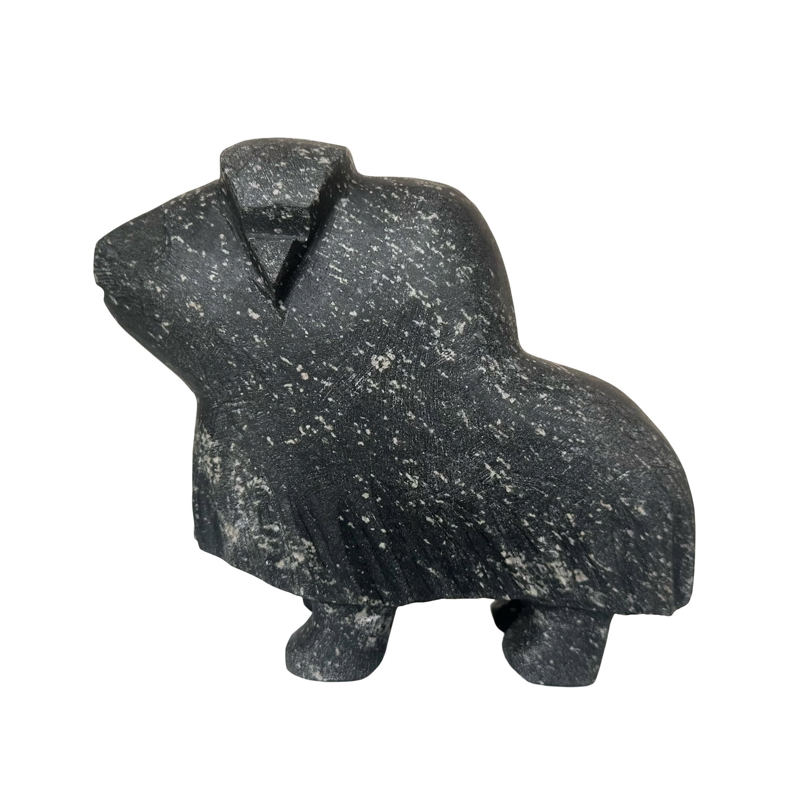 Kupapik Ningeocheak Inuit Stone Carving - Muskox - Coral Harbour 2021 - Serpentine - Canadian Inuk: This striking Inuit stone carving titled Muskox was hand-carved in 2021 by acclaimed Inuk artist Kupapik Ningeocheak of Coral Harbour, Nunavut. Executed in richly speckled black serpentine, the sculpt