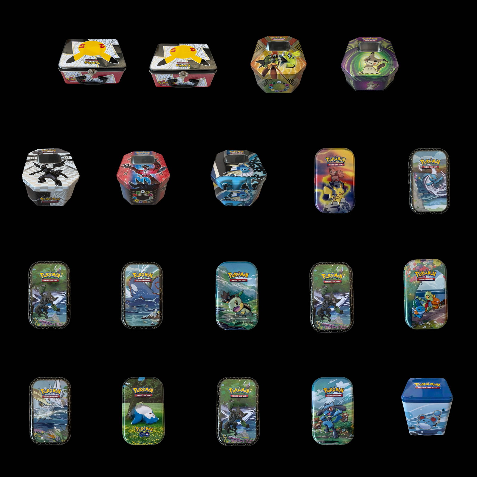 Official Pok?mon Trading Card Game Collector Tin Collection - 19 Metal Storage Tins & Lunchbox -: An impressive and visually striking collection of nineteen official Pok?mon Trading Card Game metal collector tins and storage containers, representing a broad cross-section of modern Pok?mon TCG prom