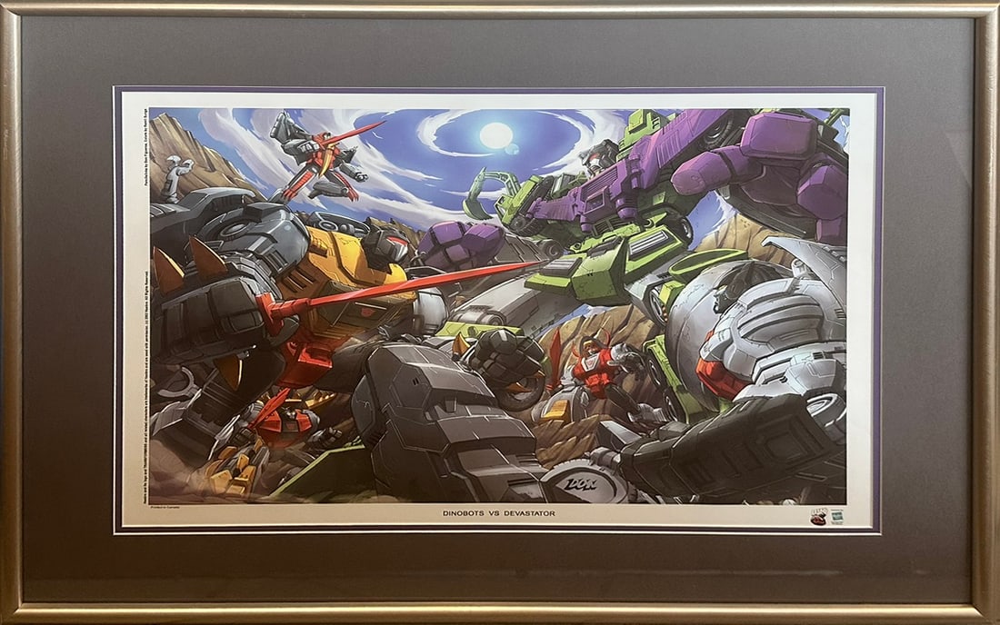 Transformers ?Dinobots vs. Devastator? Large Custom Framed Art Print Under Glass - 27" x 32 3/4" -: Presented here is an exceptional large-format Transformers collector art print titled Dinobots vs. Devastator, a striking action-driven composition capturing one of the franchise?s most iconic matchup
