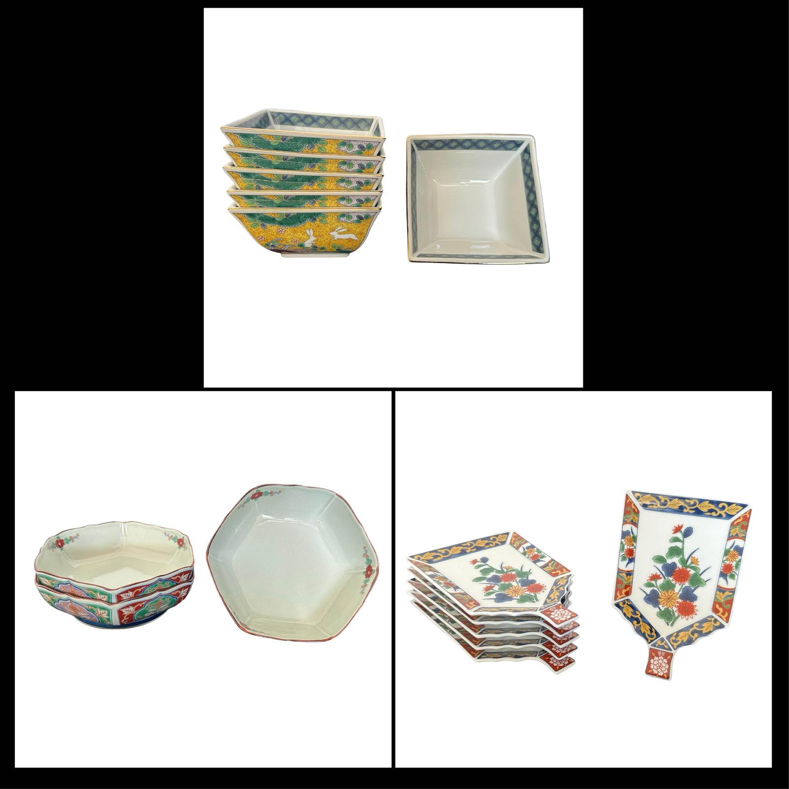 15-Piece Japanese Porcelain Collection - 6 Fan-Form ?Uchiwazara? Plates, 6 Takahashi San Francisco: A richly coordinated, cabinet-worthy grouping of fifteen pieces of late-20th-century Japanese porcelain, each piece hand-enameled in the classic Imari/Kutani palette and selected for visual harmony on