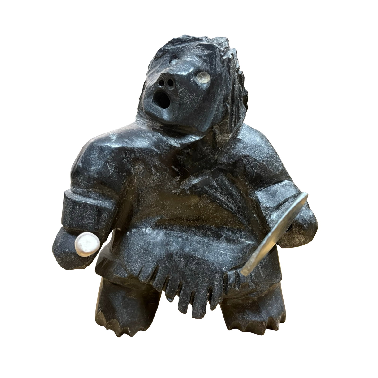 Benny Porter Jr. (Gjoa Haven, Nunavut) - "Drummer" (2003) - Masterfully Carved Canadian Inuit Stone: A compelling celebration of Inuit musical tradition and one of the most emotionally engaging figural carvings by Benny Porter Jr. of Gjoa Haven, this exceptional 2003 sculpture captures the timeless p