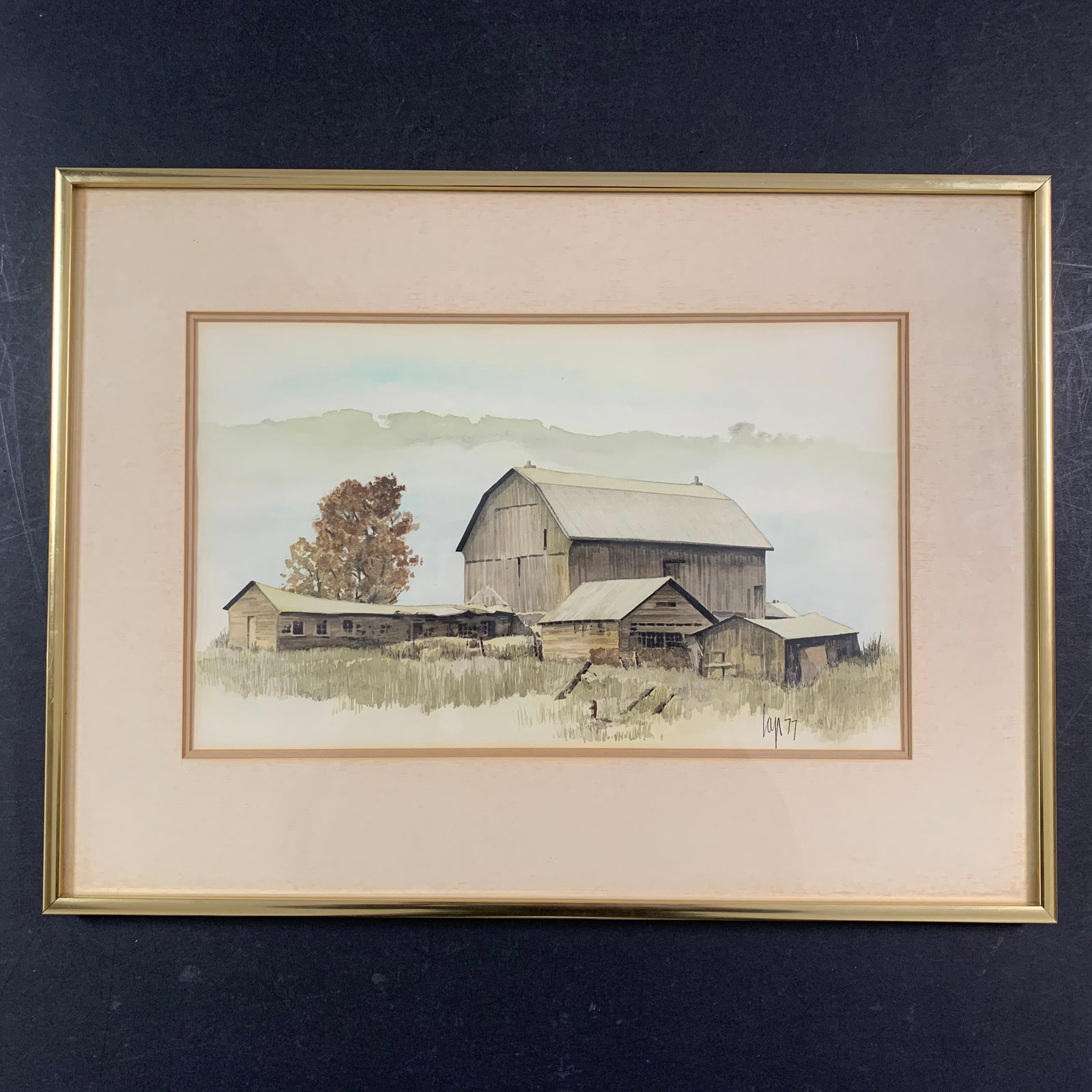 Leslie Parkes' "Meadow Sentry" Original: Leslie Parkes' "Meadow Sentry", circa 1977, original watercolour on paper, signed and dated lower right. This piece is of a barn and surrounding building, on what appears to be a beautiful start to