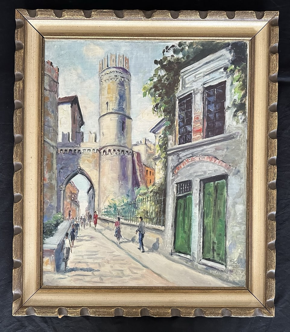 Unknown, Untitled, Original: An unknown, original acrylic on board painting, signed (illegible) bottom right. This piece is of a European street scene, with people walking down a street, with buildings on either side. Image: 24" 