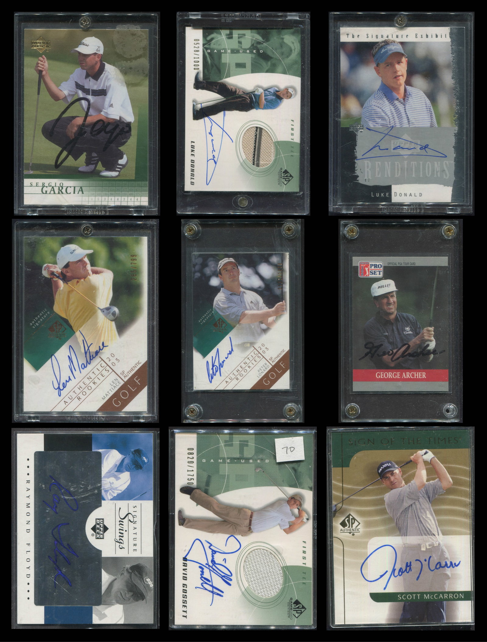 9-Card Upper Deck Golf Autograph & Game-Used Relic Collection - Raymond Floyd, Sergio Garcia RC,: An unusually engaging nine-card Upper Deck golf autograph, rookie and game-used memorabilia collection, assembled principally from the formative premium-card era of the early 2000s and bringing togeth