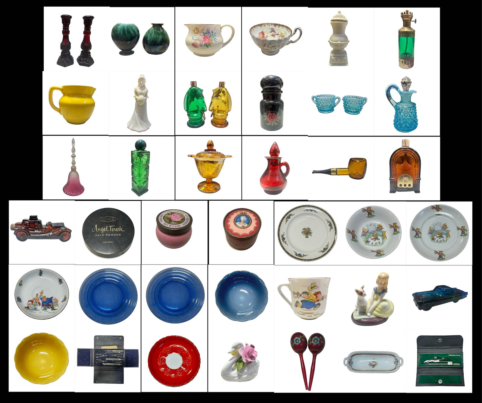 Extensive Vintage Art Glass and Decorative Collectibles Group - Depression Glass, Hobnail, Amberina,: An expansive and visually captivating curated grouping of vintage art glass, decorative ceramics, vanity collectibles, tobacciana, and children?s china, spanning early 20th century through mid century