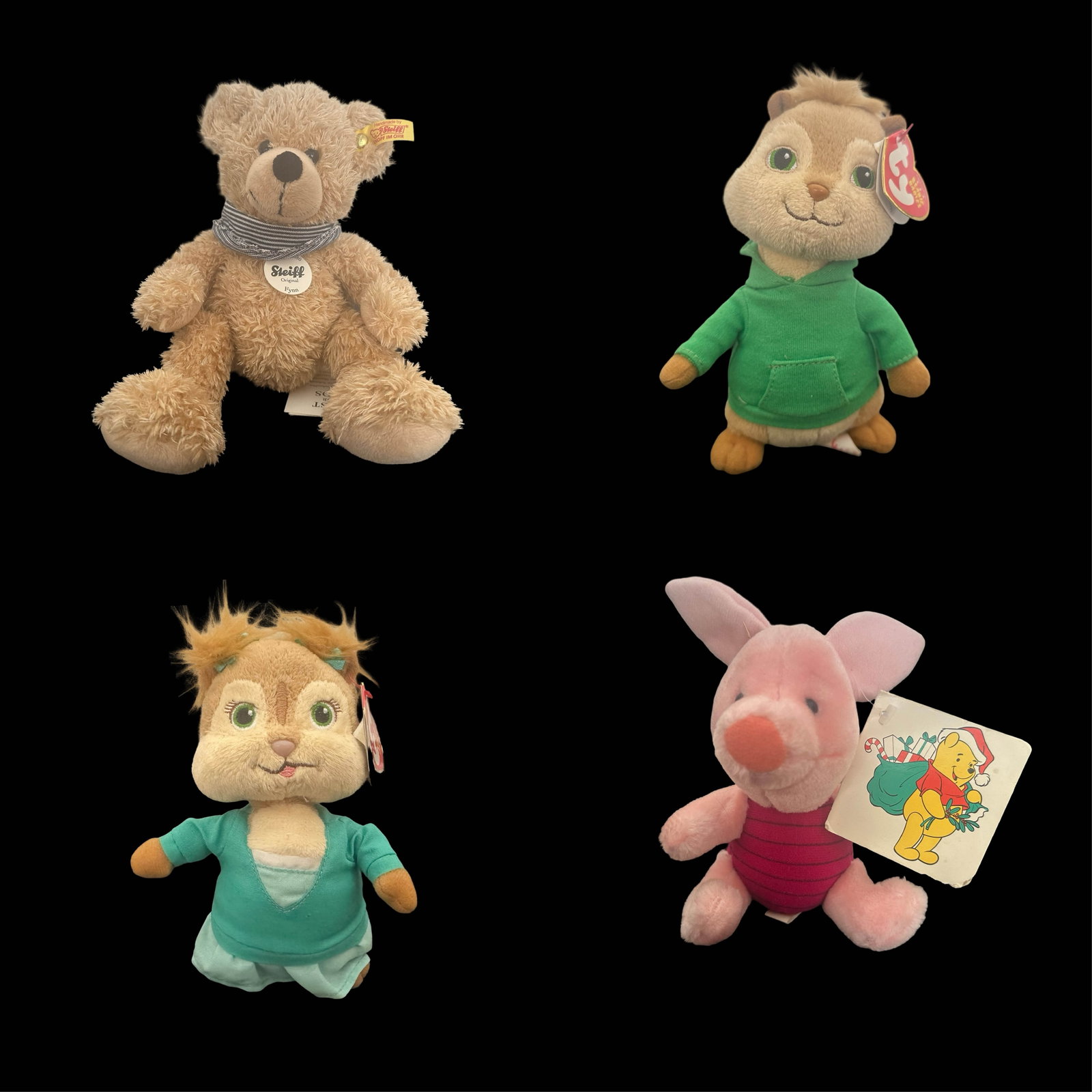 Group of 4 Vintage Plush Toys - Steiff Teddy Bear, Disney Piglet, and TY Beanie Babies Chipmunks: Offered as a single lot is a charming group of four vintage plush toys, combining iconic character merchandise and respected plush manufacturers. This lot includes two TY Beanie Babies chipmunk charac