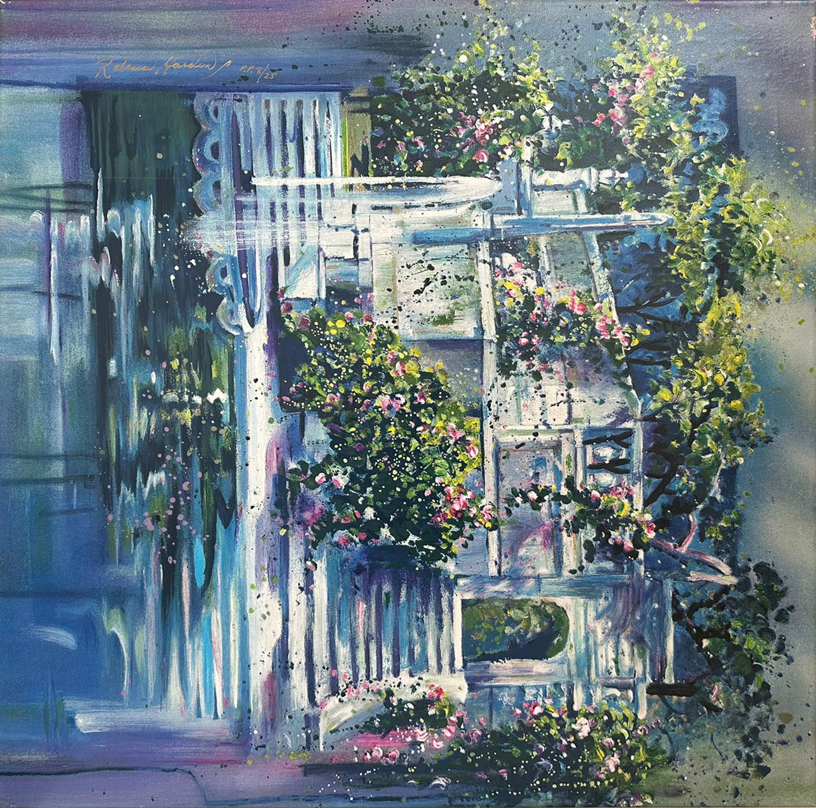 Rebecca Hardin ?Secret Garden Veranda? Signed Limited Edition Gicl?e on Canvas (P.P. 8/25) - 28? x: Presenting an exquisite limited edition gicl?e on canvas titled "Secret Garden Veranda" by celebrated contemporary American artist Rebecca Hardin. This richly textured and color-saturated piece showca