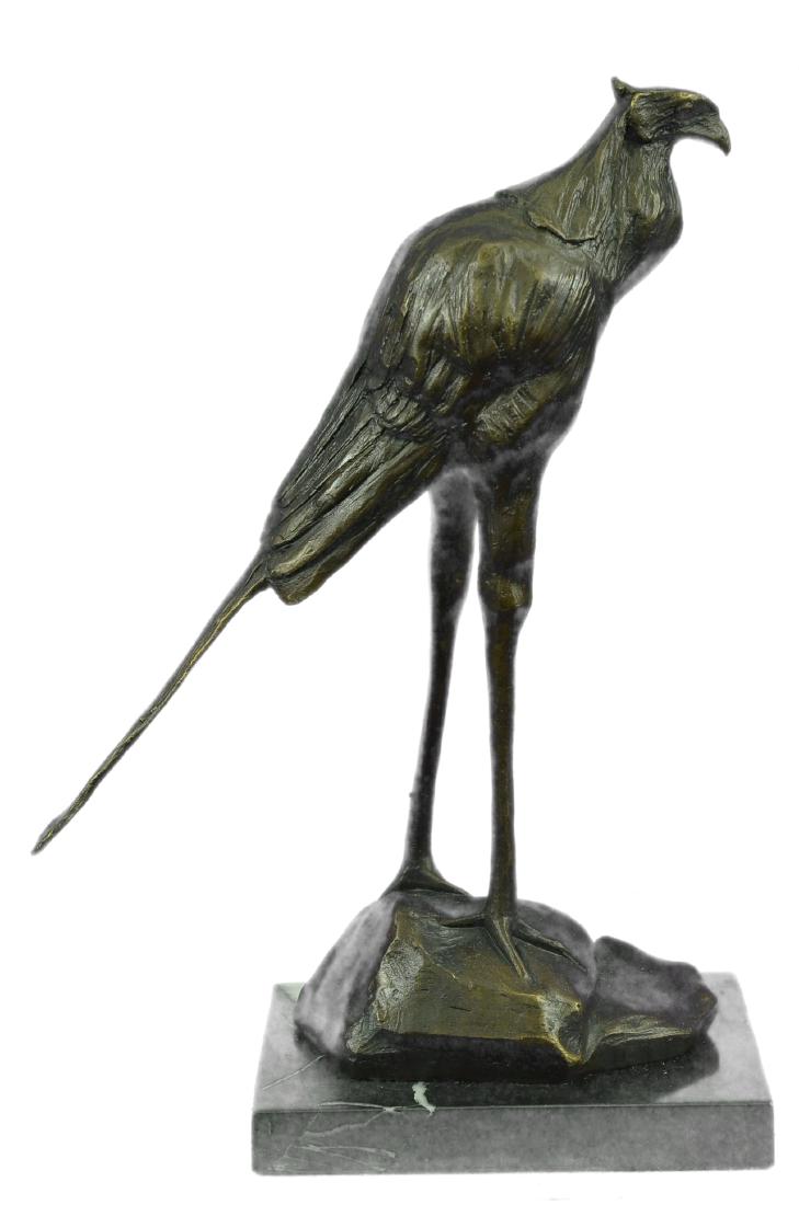 MARBLE BUGATTI WILDLIFE STORK BIRD STATUE:  _x000D_ This Bronze Piece is signed by Rembrandt Bugatti, a famous Italian artist. This Bronze Sculpture is of a Secretary Bird. Standing tall with crane like legs and long wings, this bird is b