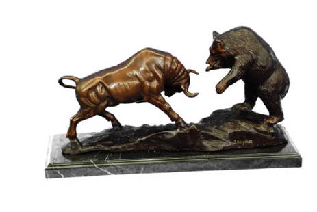 Bear and Bull Bronze Sculpture: A fierce battle has broken out between two known killers. Bull vs. Grizzly bear. The bull charges its horns in and the bear locks his massive paws over its head, pulling him into his plump body. The b