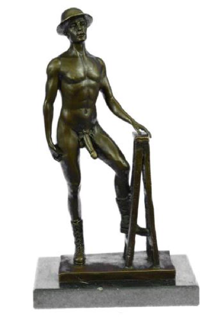 Nude Male Gay Art Bronze Sculpture on Marble Base: Symbol of masculinity and confidence, this construction worker is not shy about his body as he works in the buff. He shows off all of his assets, wearing nothing but his workman boots. He comes to res