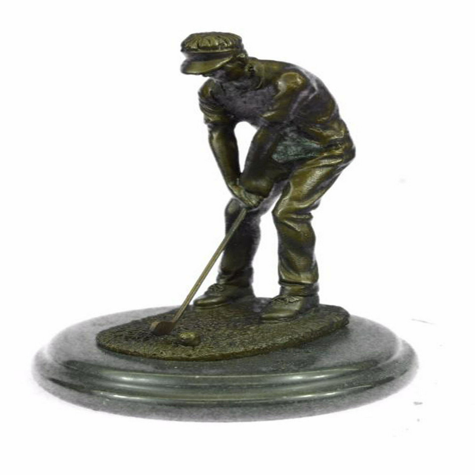 Golfer Bronze Sculpture on Marble Base Statue: Its the perfect swing, he watches his golf ball fly high over the rough and into the green. It is the epitome of the perfect swing. He holds his pose as he watches his ball make its way to the hole. H