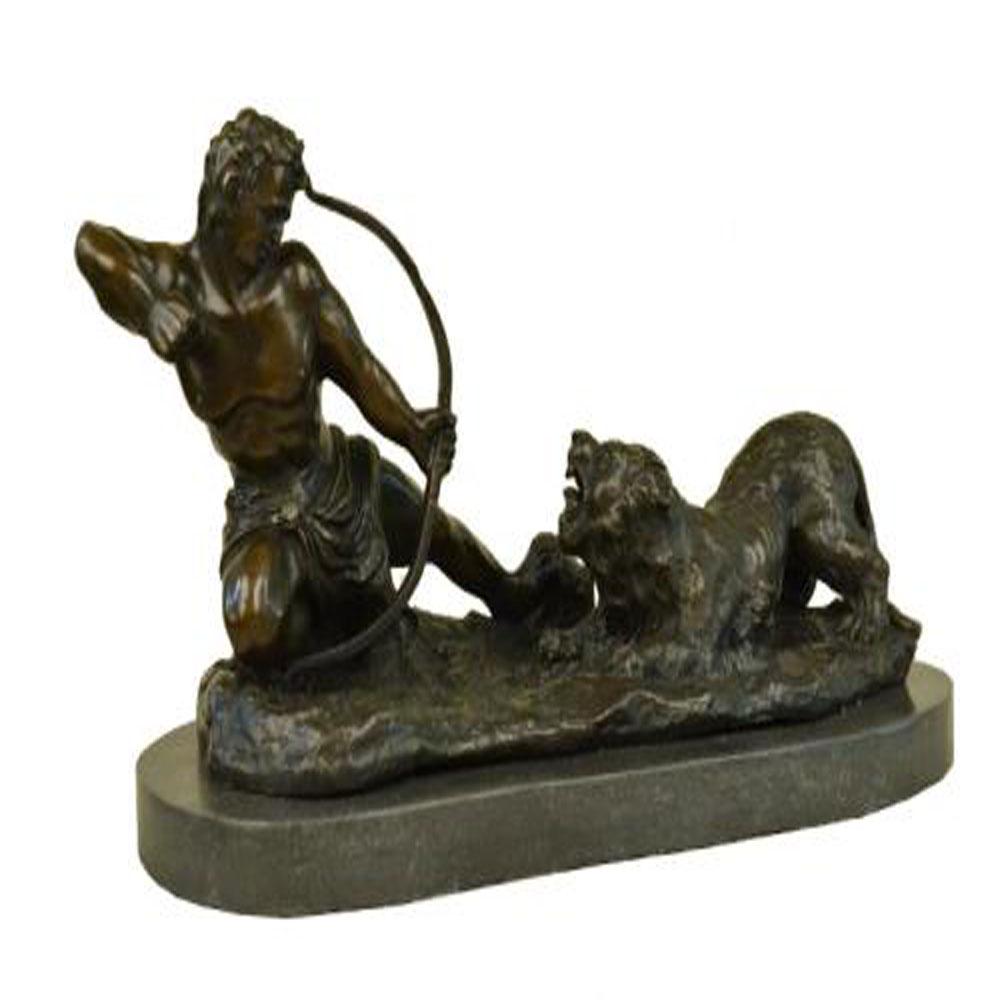 Man With Bow and Arrow Striking Lion Bronze Sculpture: This lovely Sculpture of a man about to strike this lion with a bow and arrow. The lion has his mouth wide open ready to attack the man but the man wont give up to win this battle. The handmade Bronze