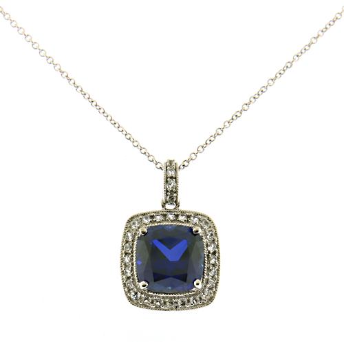 Beautiful Blue Sapphire w CZ Halo Pendant Necklace (1 of 5)