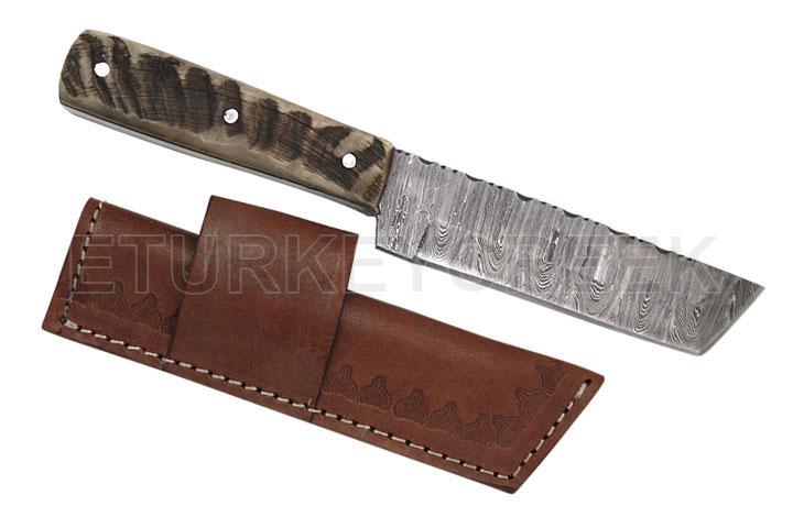 Wild Turkey Handmade Collection Damascus Fix Blade: Wild Turkey Handmade Damascus 9" Overall Hunting Knife With Tanto Blade . " Ram " Handle With Premium Stitched Leather Caring Case