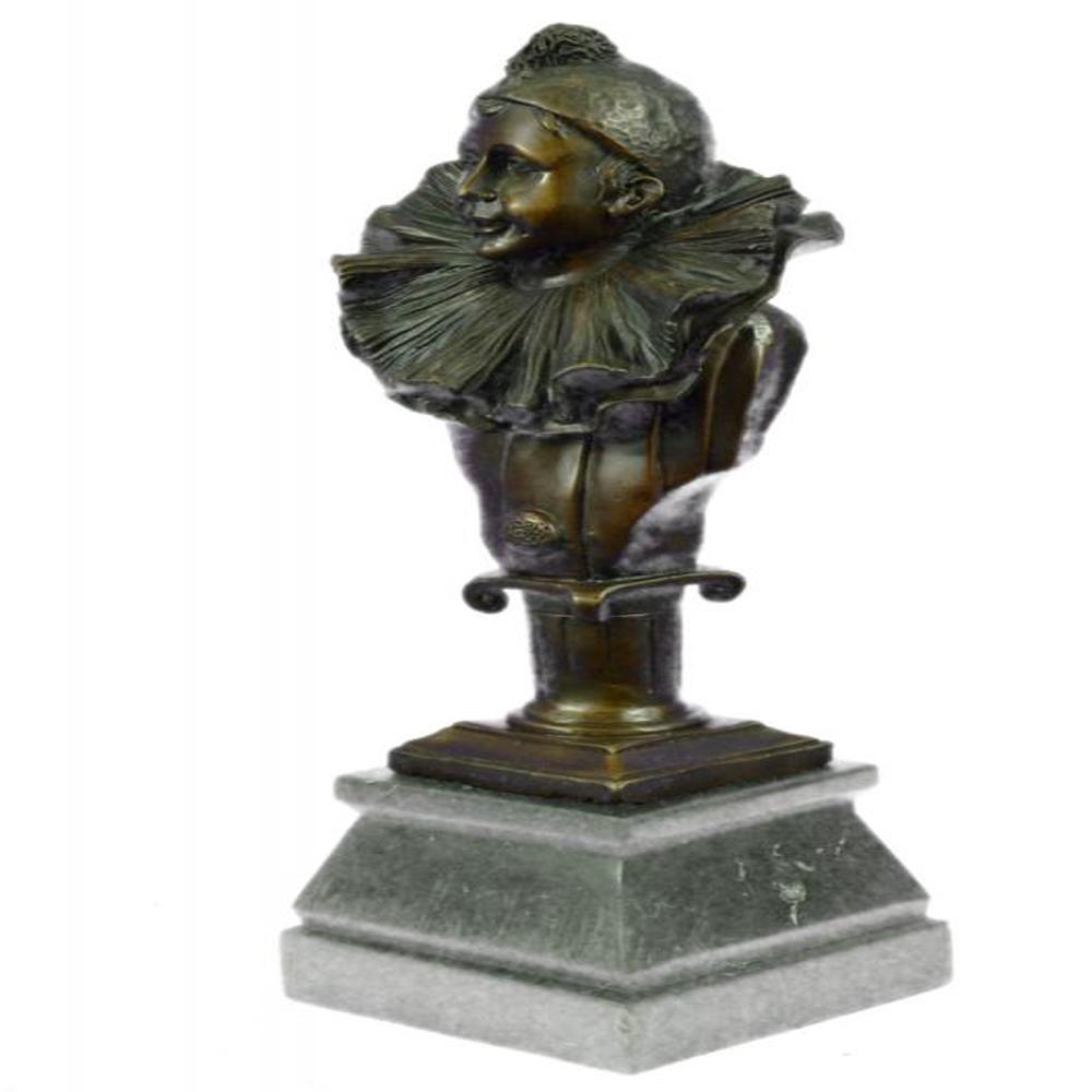 Happy Pierrot Bronze Sculpture: What a happy guy. This Bronze figurine of a clown or Pierrot bust has a jolly face. This brown patina Sculpture was cast using the Lost Wax Method and mounted on a marble base. Bronze Dimensions with 