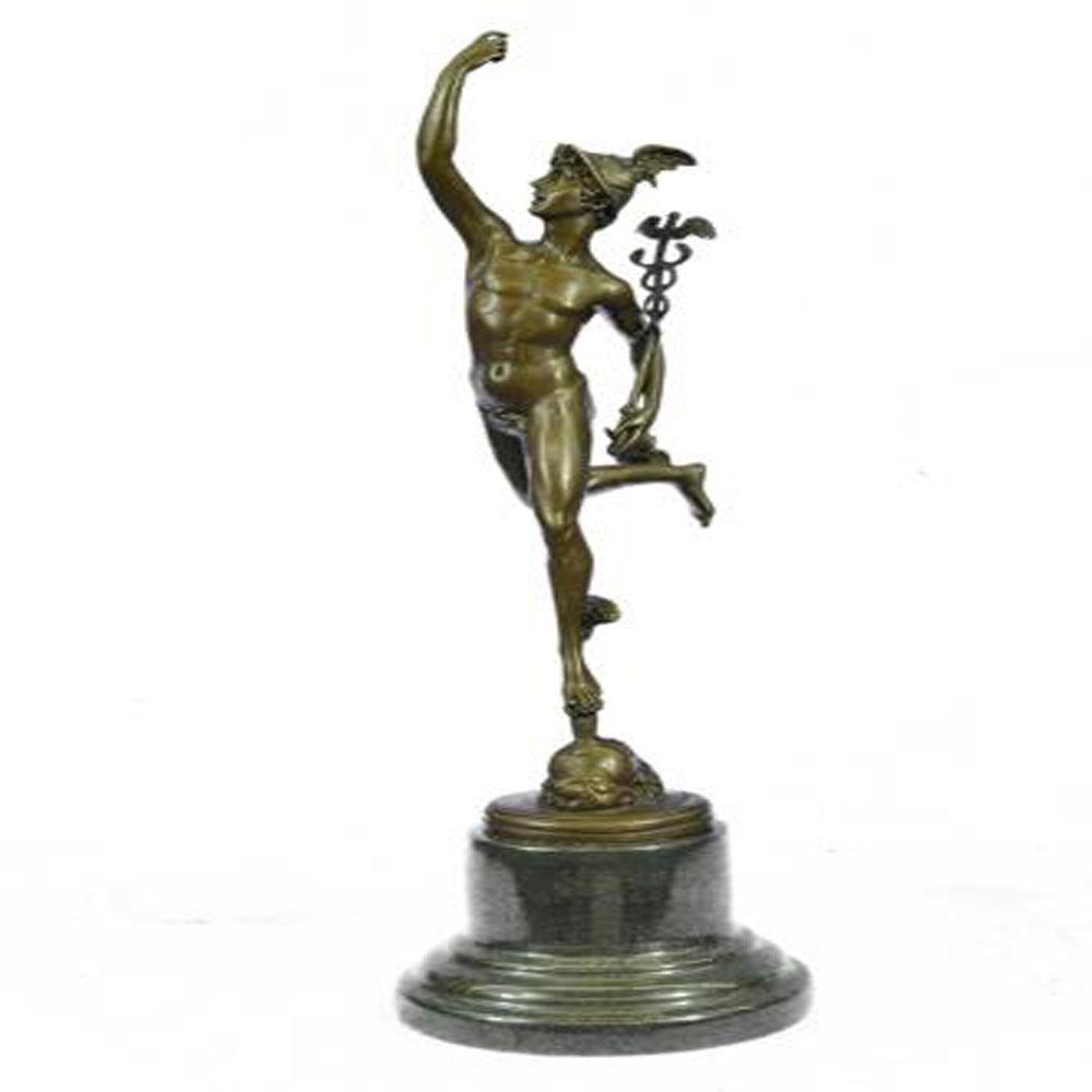Stunning Mercury Hermes Bronze Figurine: The Mercury poised on one foot, supported by a zephyr. He is depicted wearing a winged Pegasus on his head and winged sandals which give him speed in flight. He carries the caduceus in his hand, the s