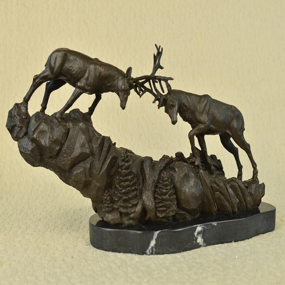 Two Antler Deer Stags Bronze Sculpture on Marble Base (1 of 7)