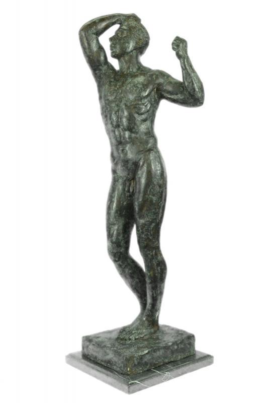 Nude Male Man Bronze Sculpture on Marble Base Figurine: The lively modeling of the nude and its deceptively realistic appearance represented such a departure from the conventions of academic Sculpture of the time that Rodin was accused of casting from a li