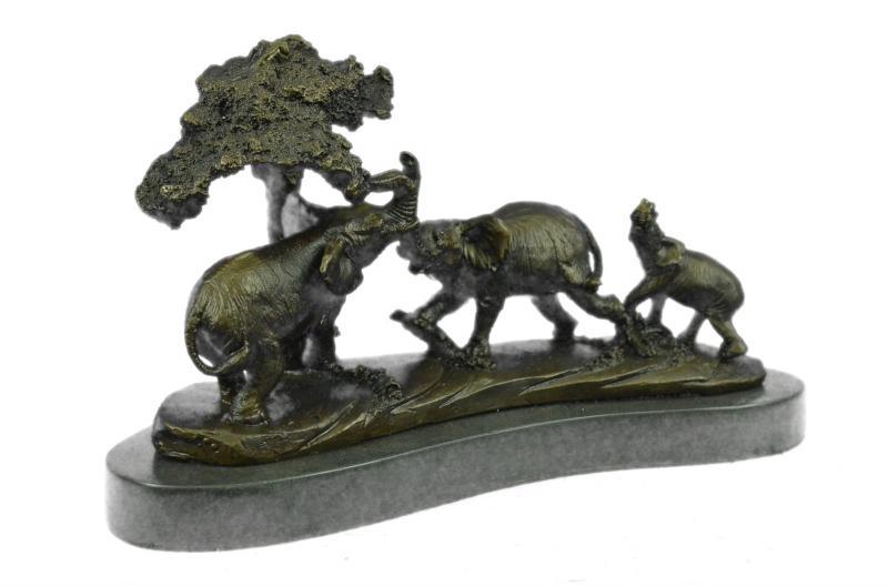 African Safari Elephant Bronze Statue: The mother and calf pair have been trekking the dry African plains for days and days in a monumental migration to reach a waterhole. With raised trunks, they trumpet their greeting of rejoice that car