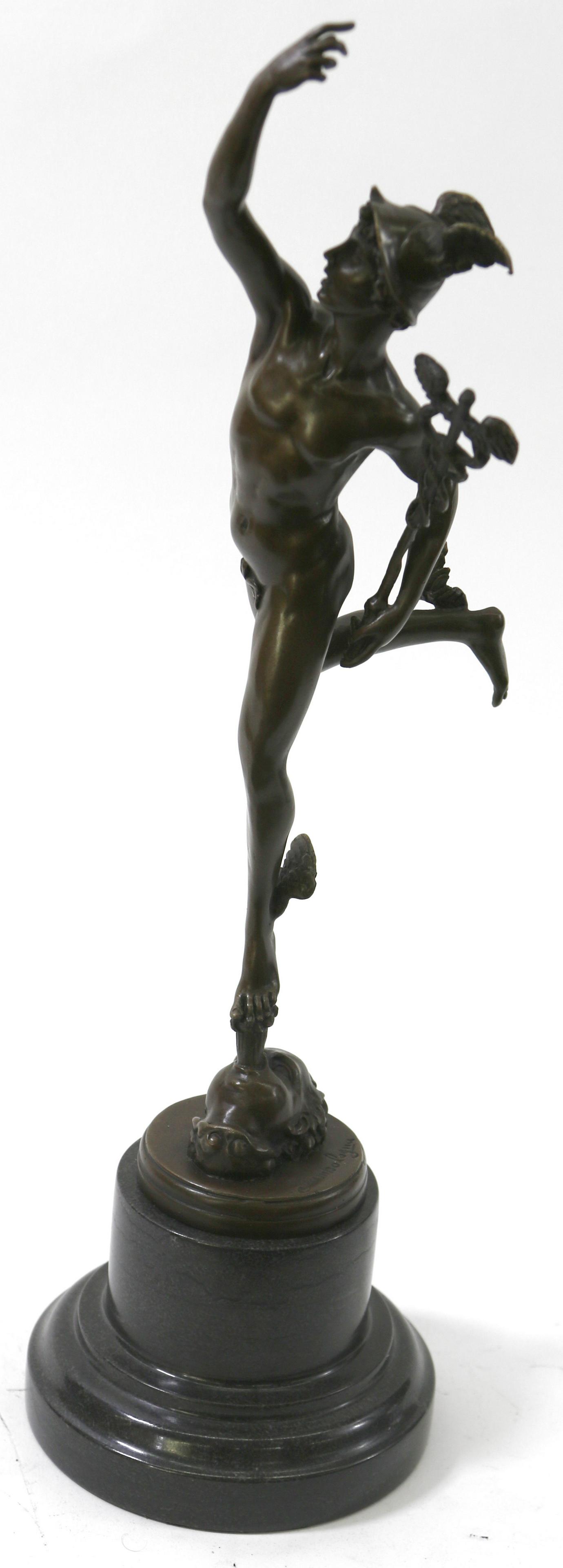 Stunning Mercury Hermes Bronze Figurine: The Mercury poised on one foot, supported by a zephyr. He is depicted wearing a winged Pegasus on his head and winged sandals which give him speed in flight. He carries the caduceus in his hand, the s
