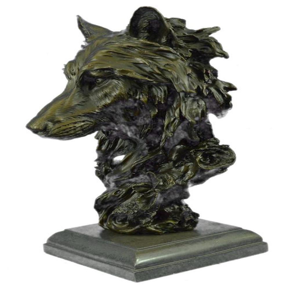 Wolf Head Bust Wild Life Figurine Marble Base Bronze (1 of 8)