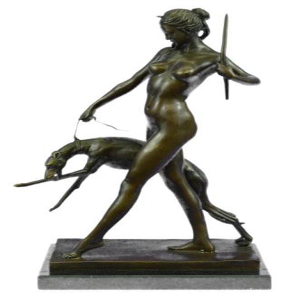 Nude Diana the Hunter with Bronze Sculpture on Marble: She poses with her small breasts exposed as she releases her bow. Her muscles and stomach as she leans back while unleashing her arrow. Standing on her toes she balances herself, bringing detail to he