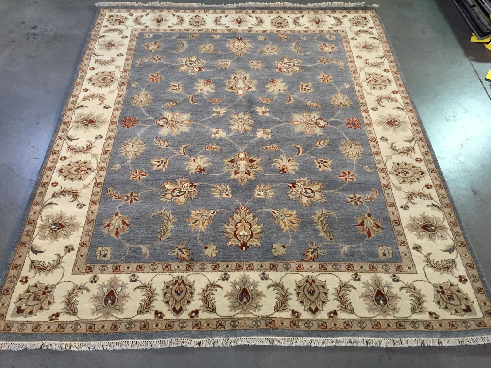FINE 7x8.1 SUPER ZIGHLER (PESHAWAR) HAND KNOTTED RUG: 7'.0'X8'.1" classic design Vintage, antique reproduction super Zighler (Peshawar) rug, hand spun and hand knotted rug in Pakistan 100% natural wool pile, in pastel blue and multi accent colors