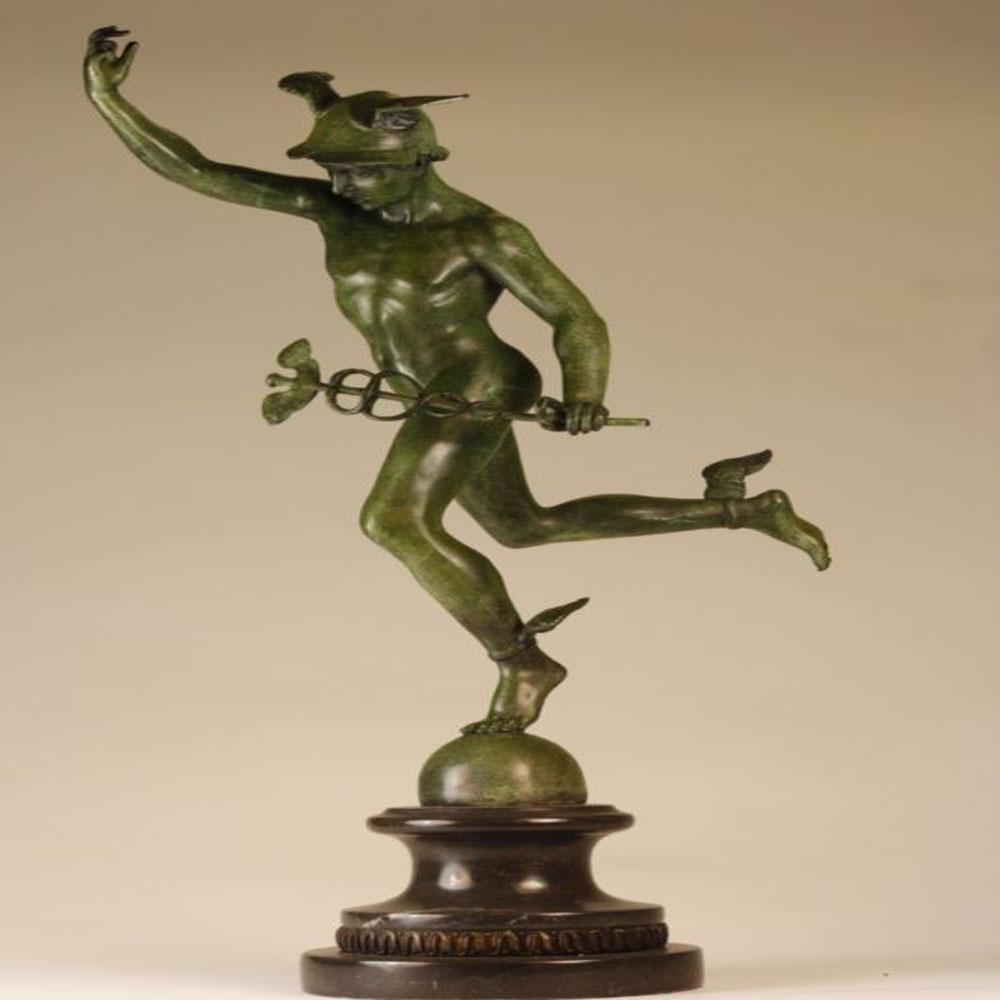 Flying Mercury Green Patina Bronze Statue: Among this most famous works is the Mercury of which he did four versions, poised on one foot. This Sculpture is depicted wearing a winged petasus on his head and winged sandals which give him speed i