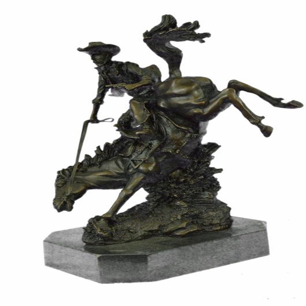 Arizona Cowboy Bronze Sculpture: A seasoned trooper cowboy is casually patrolling the area. He and his loyal horse gallop through the open dry plains. He is dressed in a shirt, chaps, and boots, giving him the look of a good ole fash