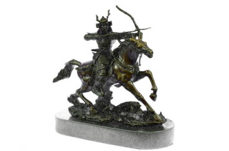 Samurai Warrior on Horse Bronze Statue Sculpture: A fierce ancient Samurai warrior races to the front line of battle on his loyal and speedy steed. His horse rears back as he raises his bow with determination, ready for anything. He is dressed in pro