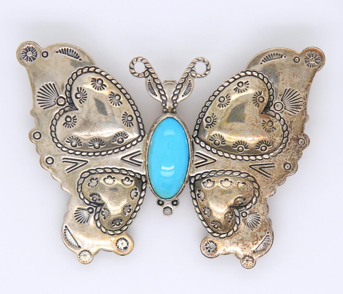 925 Sterling Silver Vintage  Signed Turquoise Butterfly Pendant Brooch (1 of 4)