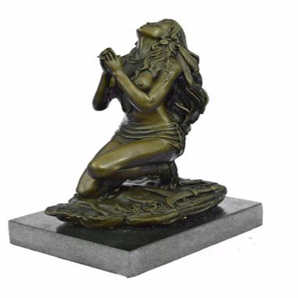 NUDE WARRIOR BRONZE SCULPTURE: This graceful lady on bending knees looks up at the sky and prays to God. She closes her eyes as she tilts her head back so she can feel more comfortable praying to her God. She only wears a skirt whi