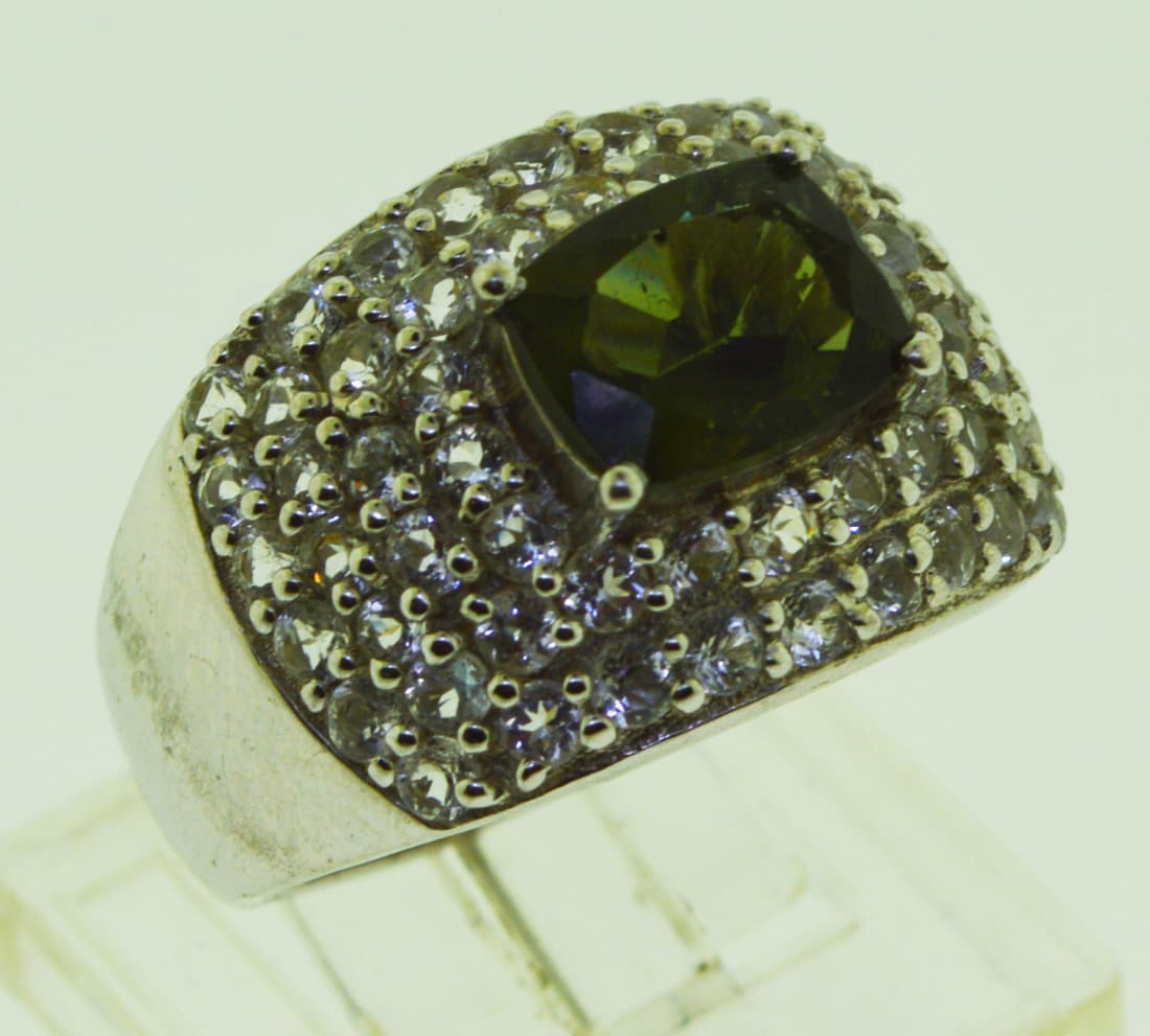 Sterling Silver Dark Green Quartz Crystal Pave Ring (1 of 5)