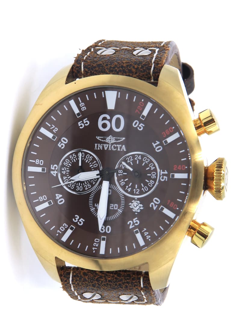 Invicta Aviator Quartz 50mm Watch: Invicta Aviator Quartz 50mm Stainless Steel Watch with Brown Leather Strap. Total weight of Watch 109.40 Grams.