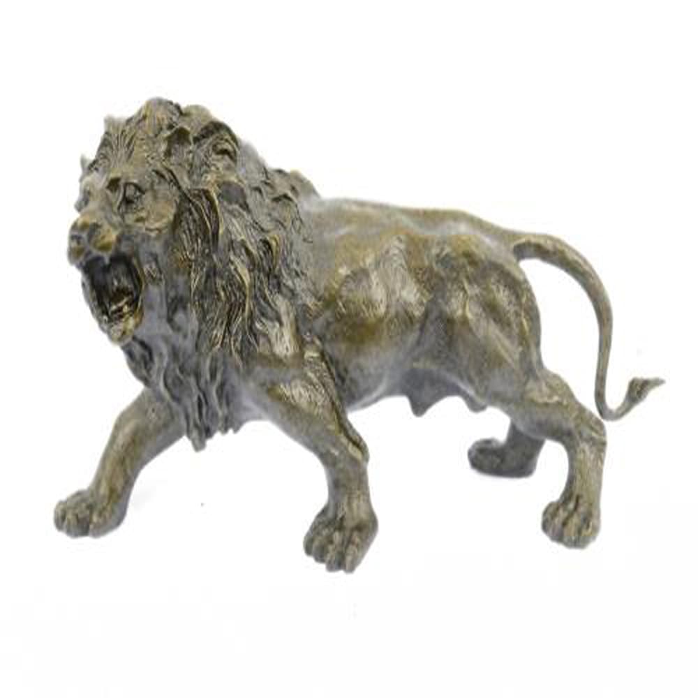 Wildlife Edition African Lion Bronze Sculpture: With piercing eyes and a serious look, this lion is intimidating just by a glance. His mane is full and covers his neck and travels down to his underside trailing off into the sides of his stomach. Hi