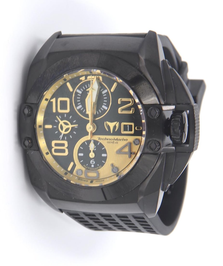 Technomarine Black Watch Sport Automatic 45mm: Technomarine Black 45mm Watch Sport Automatic with Black Rubber Strap. Total weight of Watch 194.10 Grams.