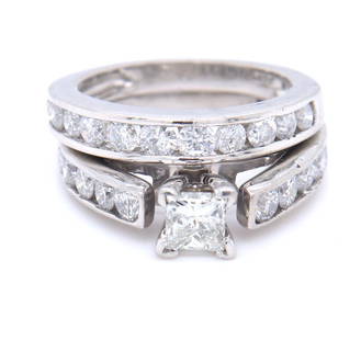 Powerful Platinum Princess Cut Diamond Wedding Set: Powerful Platinum approximate 0.33ctw Princess Cut Diamond Engagement Ring with approximate 0.80ctw Diamond Band. Total weight for Set 9.50 Grams. Ring Size 4"