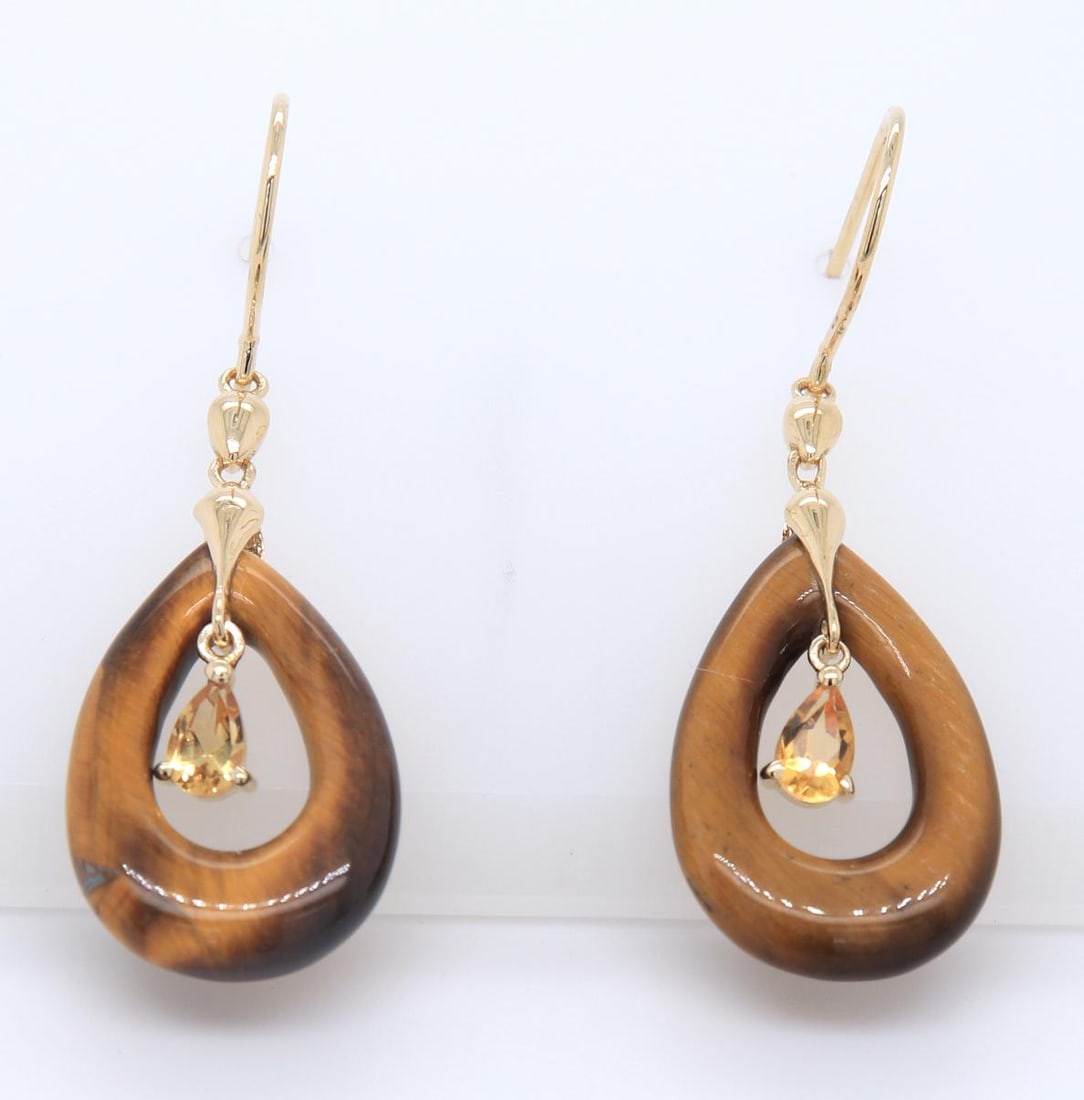 Fancy Yellow Gold Tiger Eye and Citrine Dangle Earrings (1 of 4)