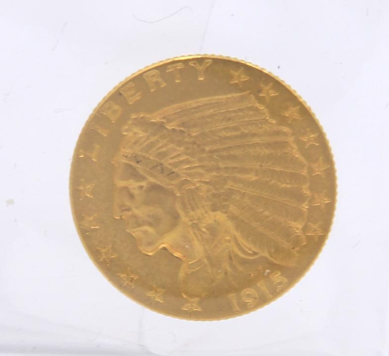 1915 $2.50 Indian Head US Gold Coin: 1915 $2.50 Indian Head US Gold Coin.