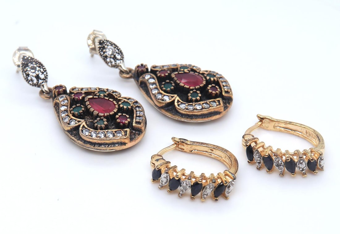 Lot of 2 Vintage 925 Sterling Silver Gemstone Dangle Earrings (1 of 6)