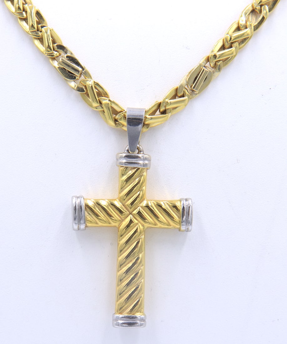 Italian Yellow Gold Fancy Link Chain Necklace with Two Tone Gold Cross Pendant (1 of 7)