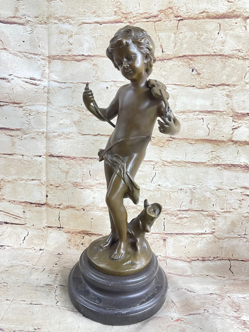 FRENCH MOREAU CHILD MARBLE STATUE VICTORIAN: A beautiful and intricately detailed statue of a young boy placed in front of a broken tree branch, gracefully balancing a violin on his delicate shoulder. He is paused and deep in thought, there is a